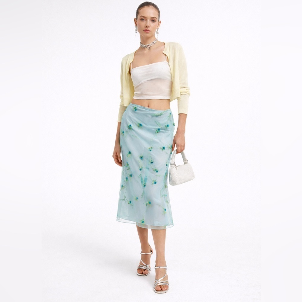 90s Nicole Miller Light Blue Floral Midi Skirt